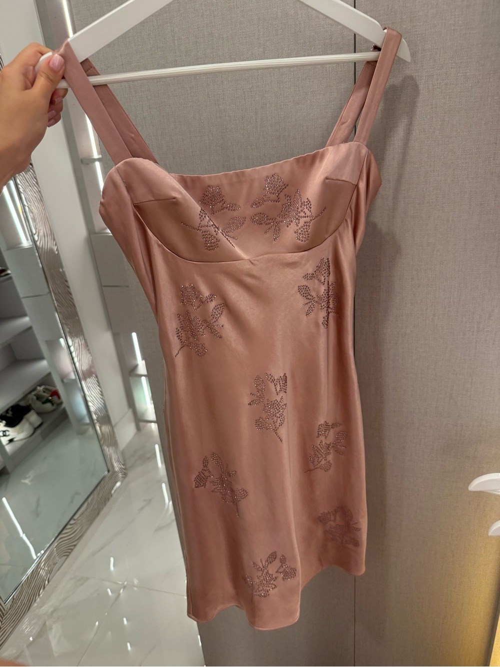 Oh Polly Satin Rose-Mauve Slip Dress with Embellished Floral Detail